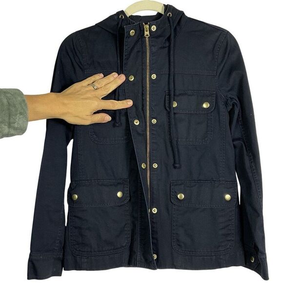 J. Crew Factory Women's Cotton Utility Jacket XXS Navy Blue With Hood & Pockets - Picture 4 of 11